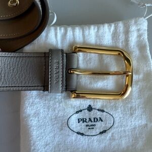 Prada Women’s Gray Taupe Leather Belt with Gold Accents Size 32/80
